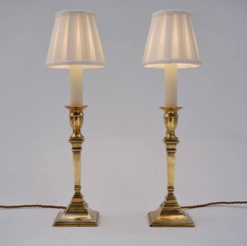 Antique Georgian brass candlestick table lamps, a pair, 19th Century, English